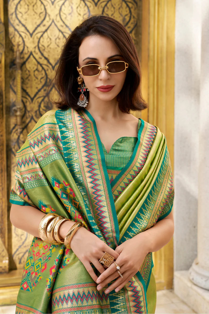 Green color tissue silk saree with blouse online shopping