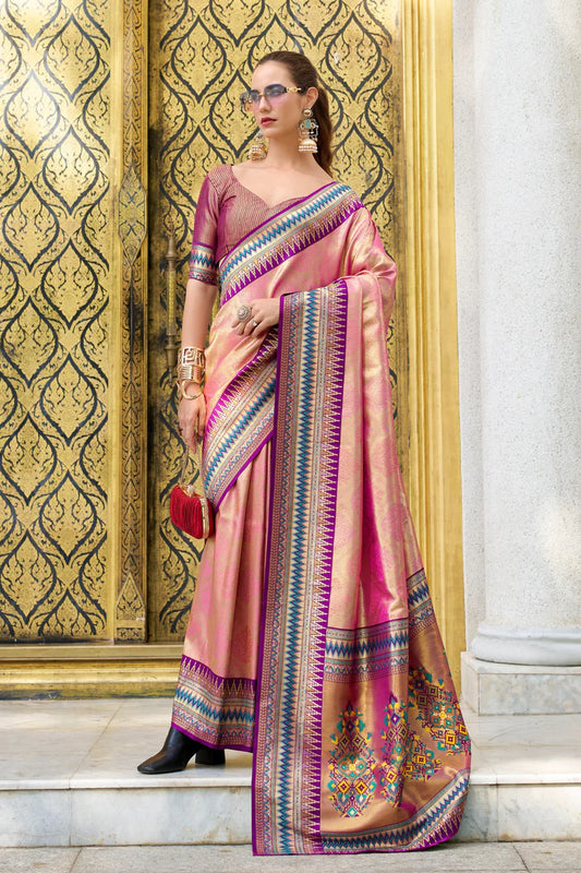 Pink Color tissue silk zari weaving saree for women