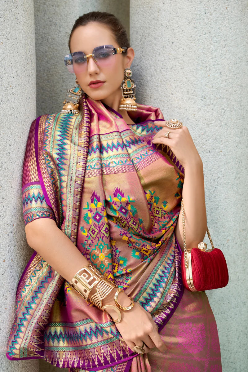 Pink Color tissue silk zari weaving saree with blouse online shopping