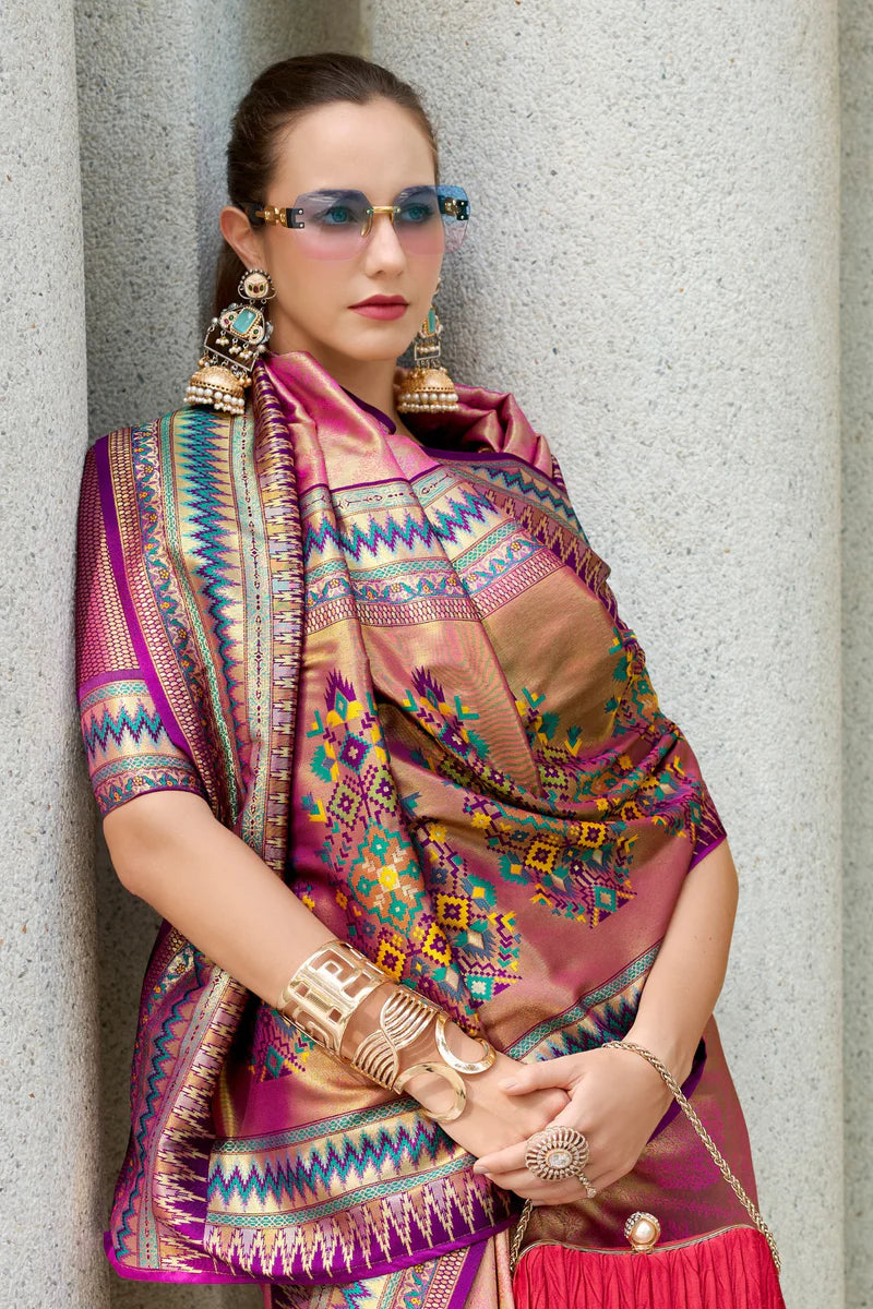 Pink Color tissue silk zari weaving saree with blouse images
