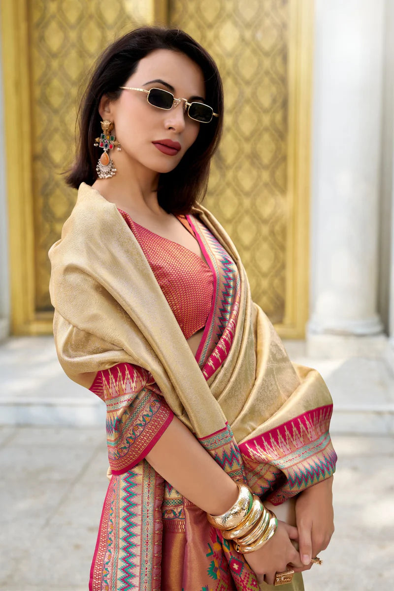 Beige color tissue silk saree for women with online shopping
