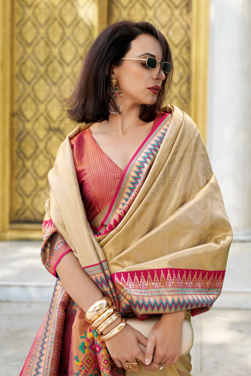 Beige color tissue silk saree for women with images
