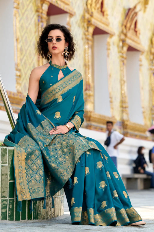 Rama color satin silk saree for women online
