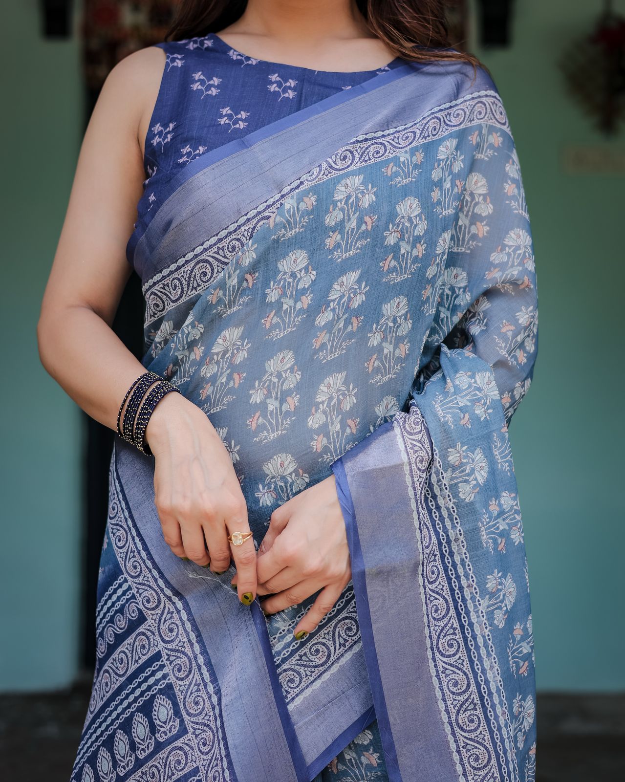 Sky blue color linen saree with blouse price