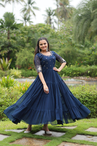 Navy blue sequins work gown with sleeves
