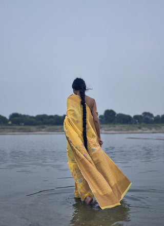 Yellow linen silk saree for women price
