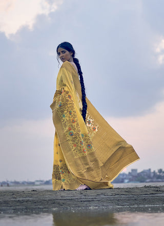 Yellow linen silk saree for women online
