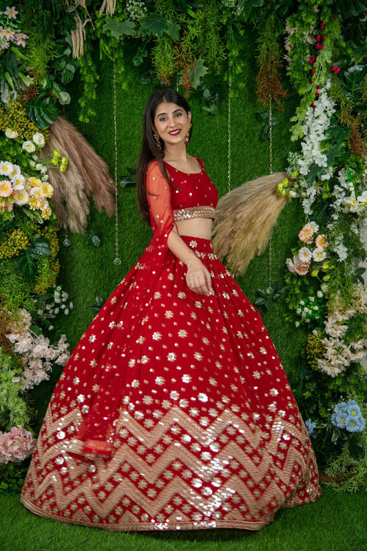 Red color georgette lehenga choli for women