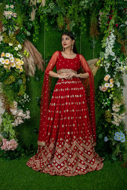 Red color georgette lehenga choli for wedding
