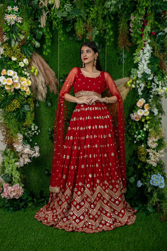 Red color georgette lehenga choli for wedding