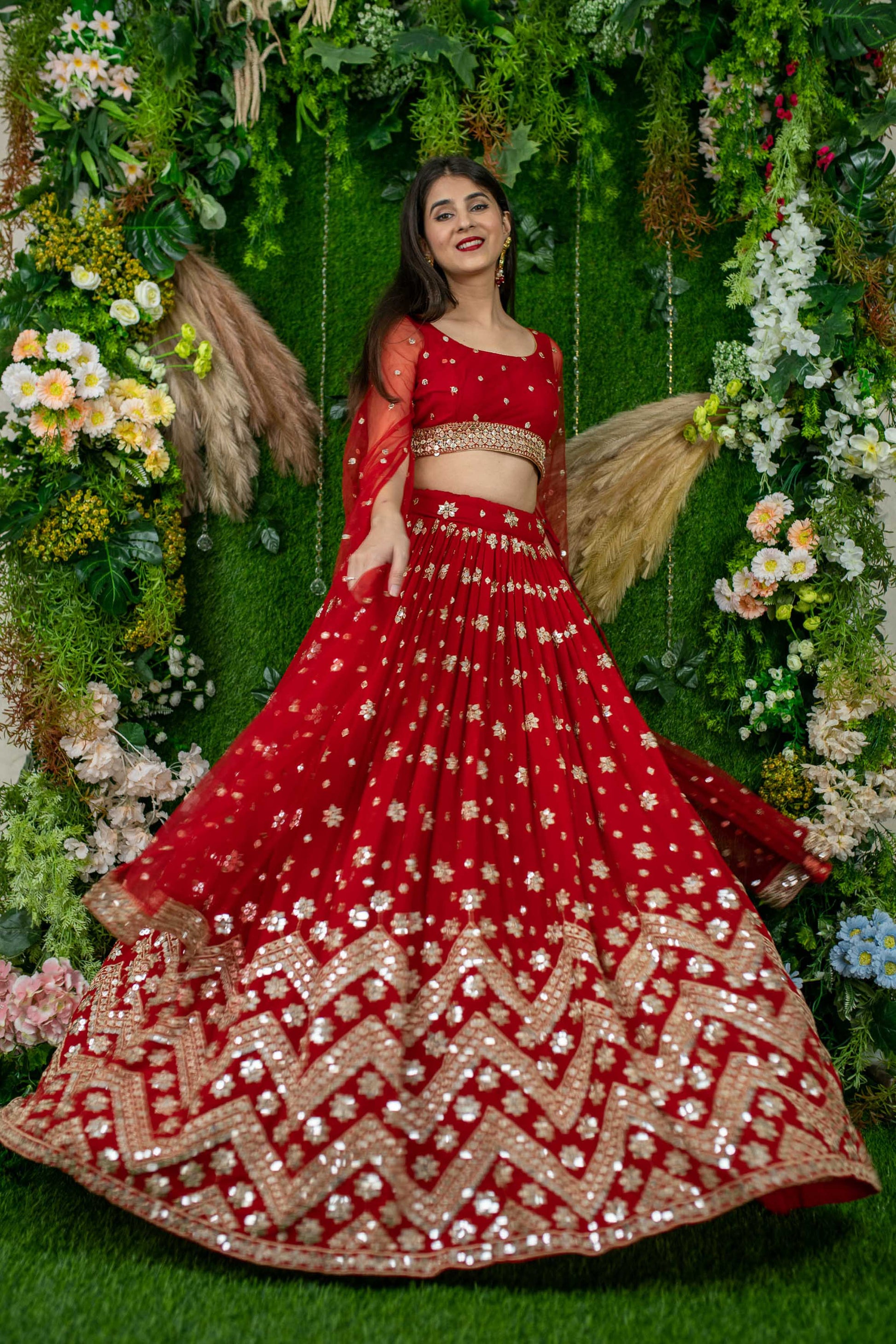 Red color georgette lehenga choli with dupatta online