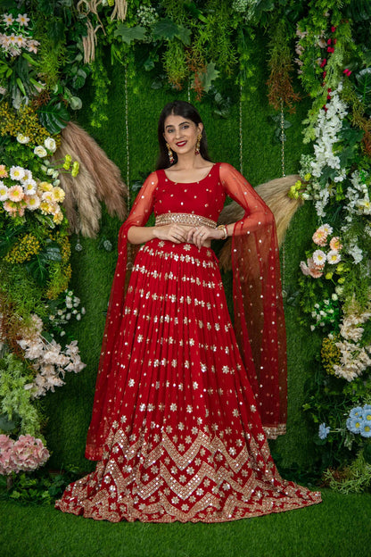 Red color georgette lehenga choli with dupatta design