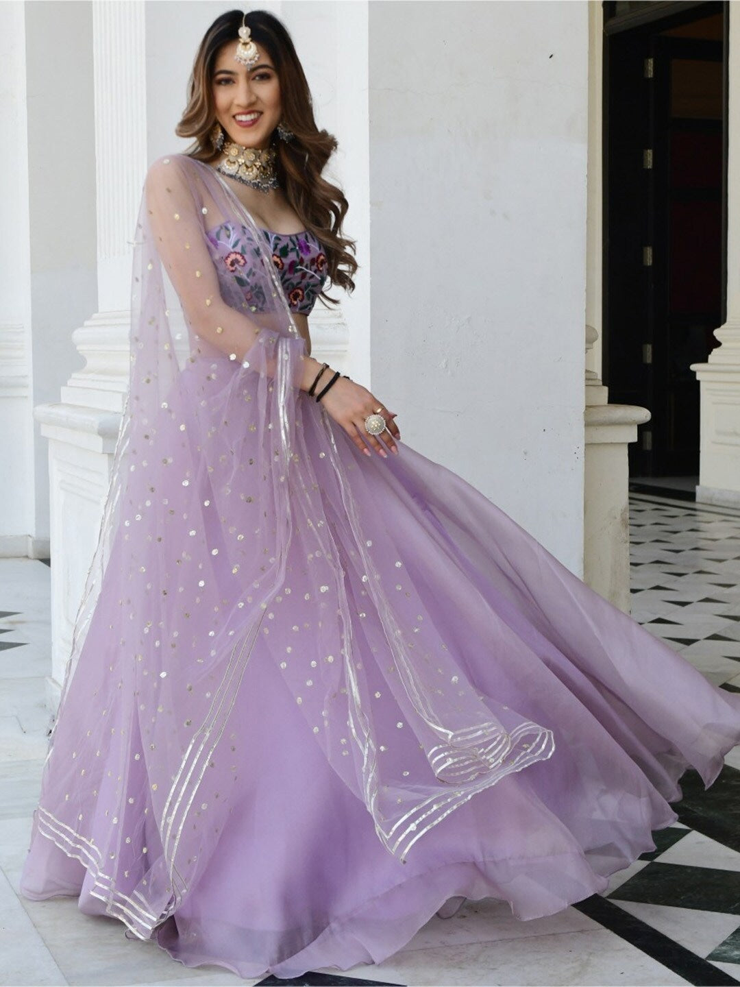 Lavender lehenga for engagement party wear
