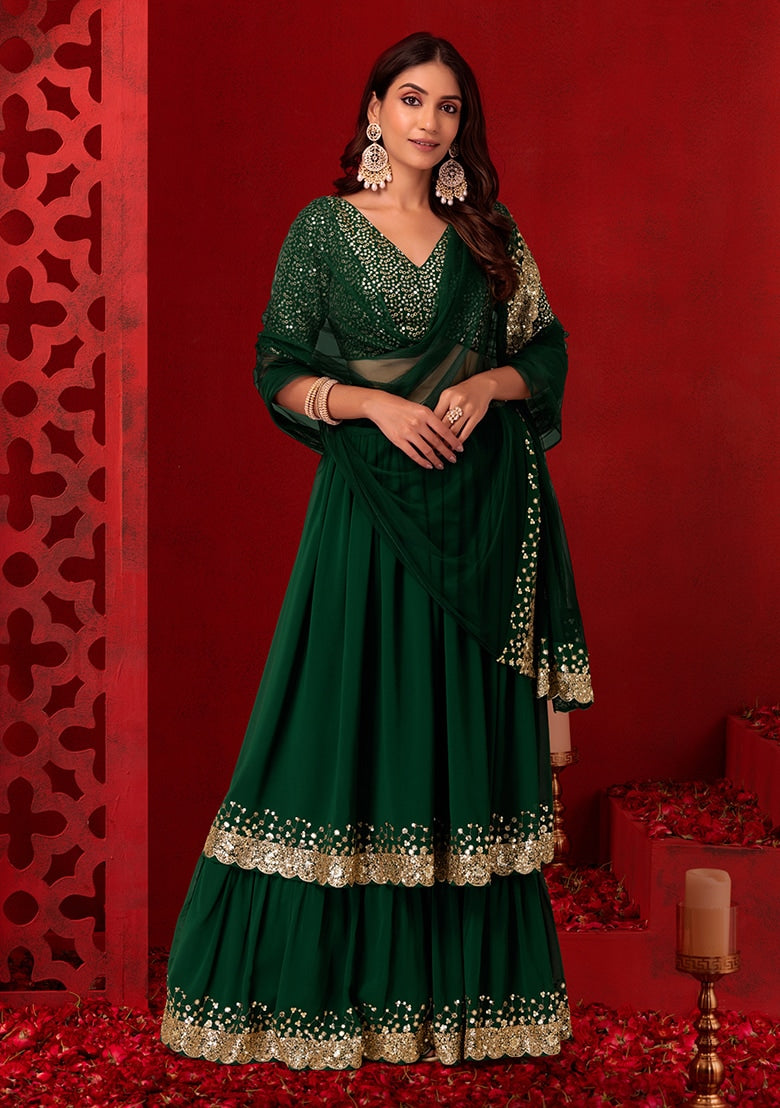 Dark green color georgette lehenga choli for women
