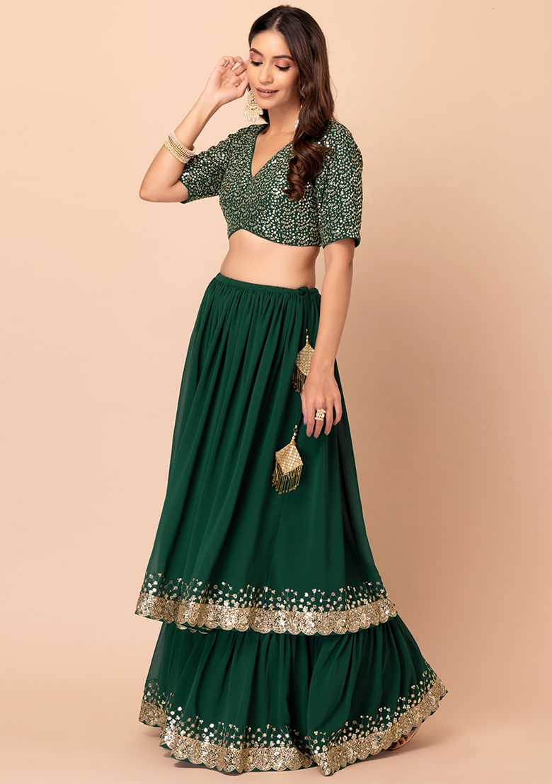 Dark green color georgette lehenga choli with blouse online
