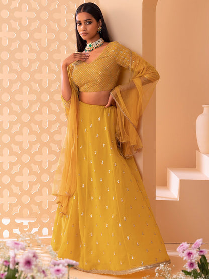 Yellow color georgette lehenga choli for women