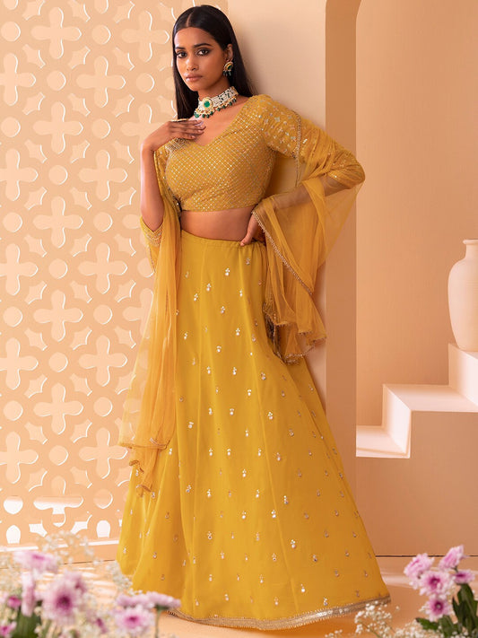Yellow color georgette lehenga choli for women
