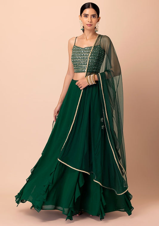 green color georgette lehenga choli for women 
