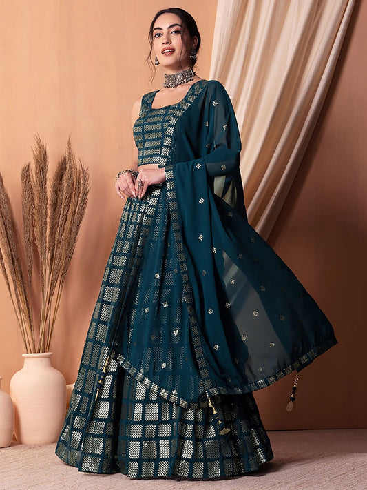 Teal blue georgette lehenga choli for women online
