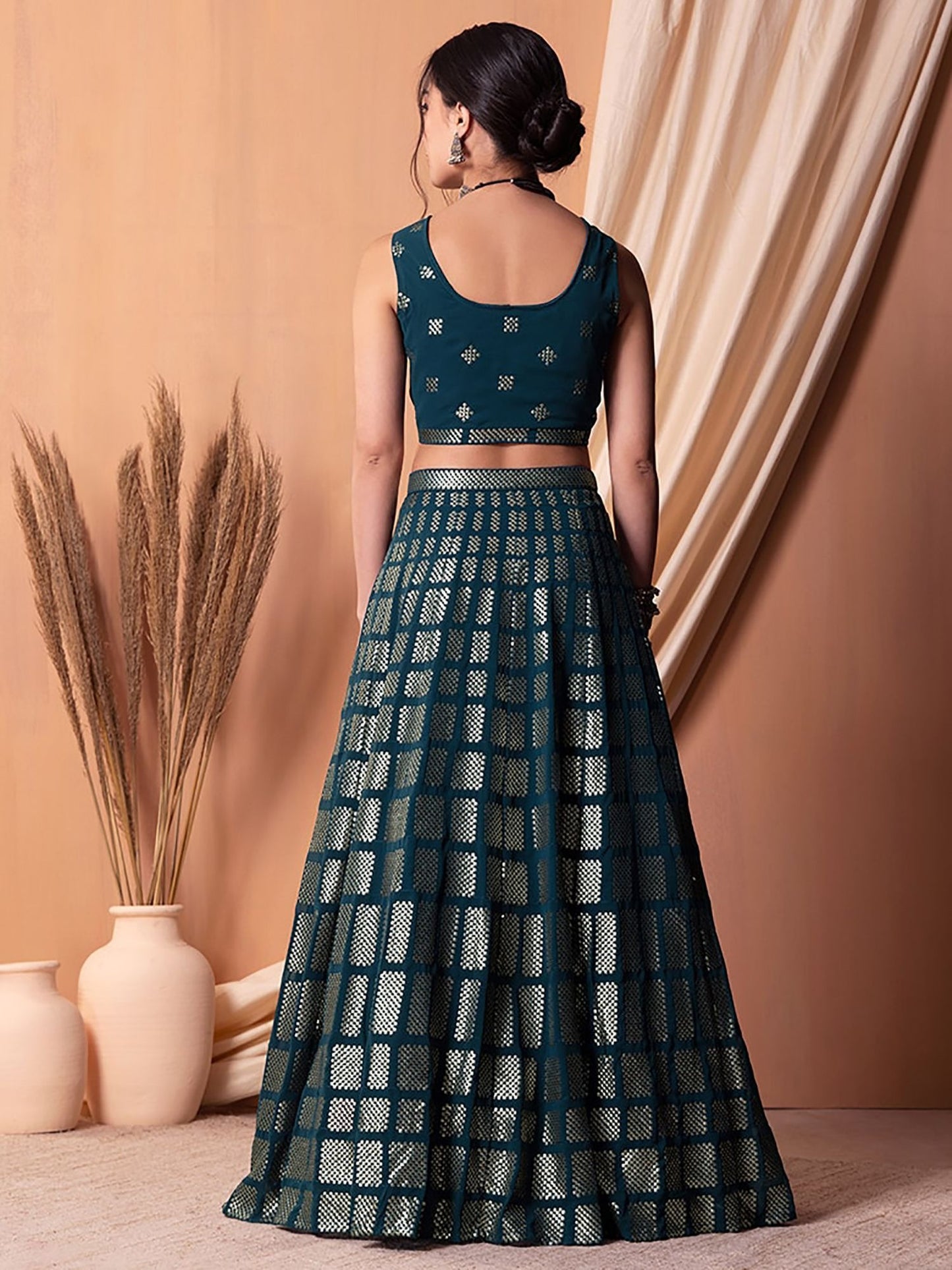 Teal blue georgette lehenga choli for wedding
