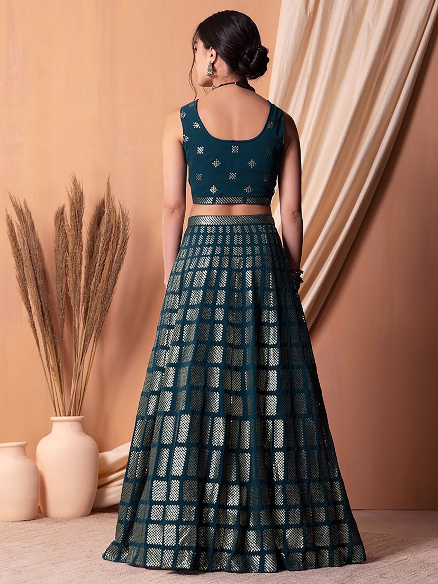 Teal blue georgette lehenga choli for wedding