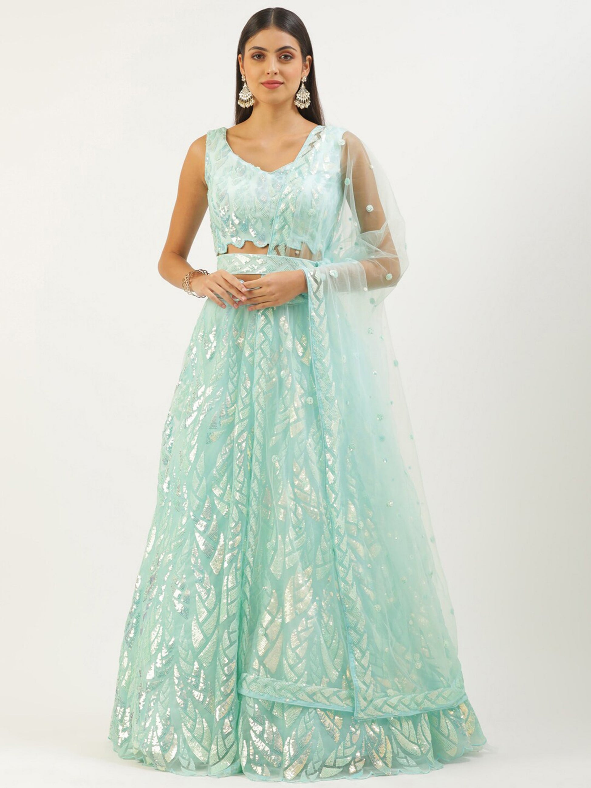 Blue Embroidery work soft net lehenga choli with price
