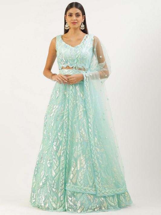 Blue Embroidery work soft net lehenga choli with price
