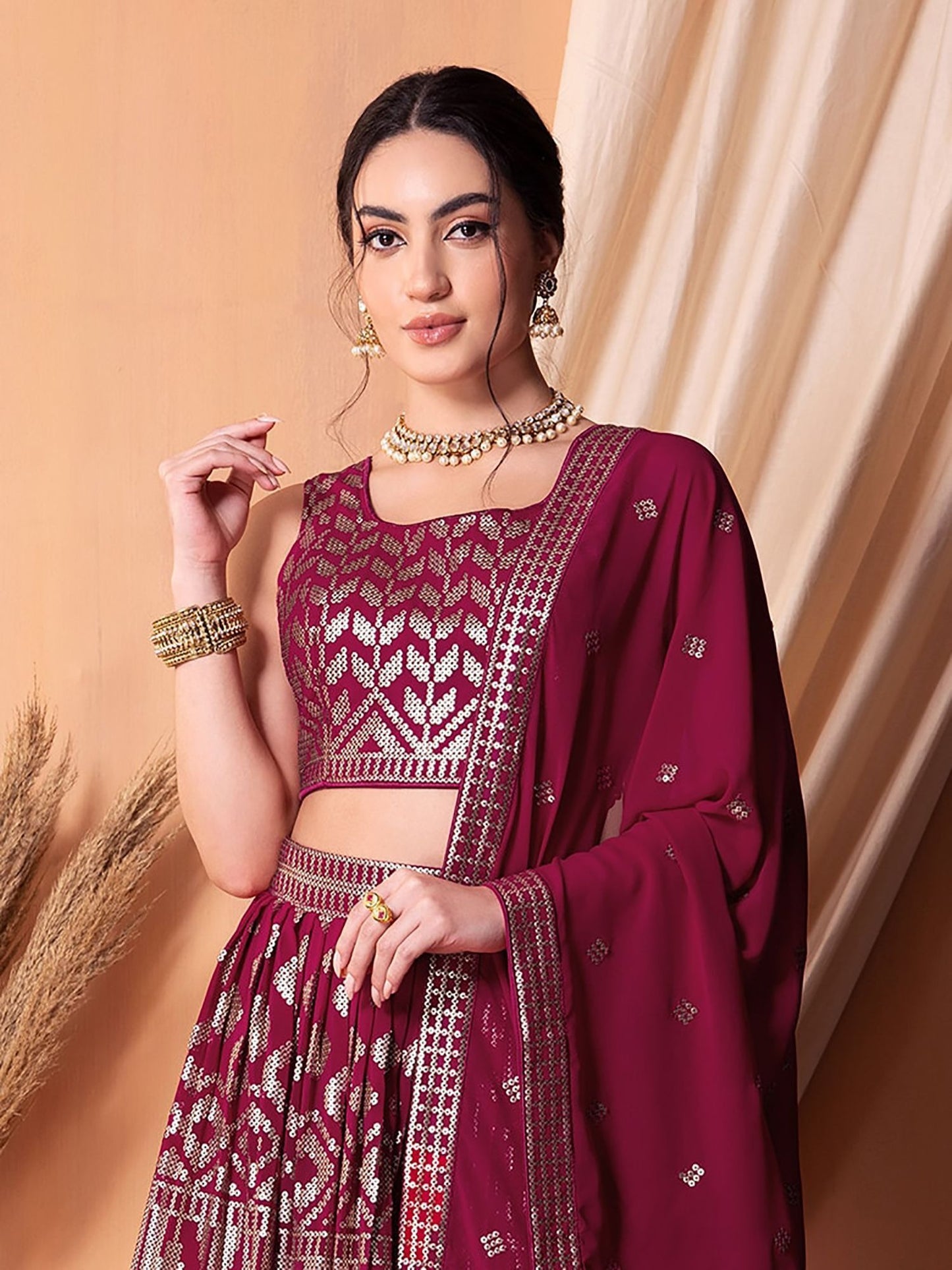 Dark pink georgette lehenga choli for wedding