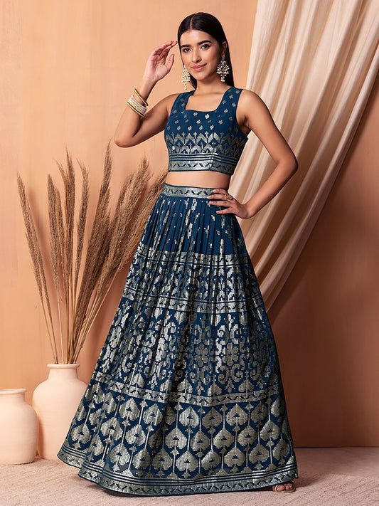 Dark blue georgette lehenga choli for engagement

