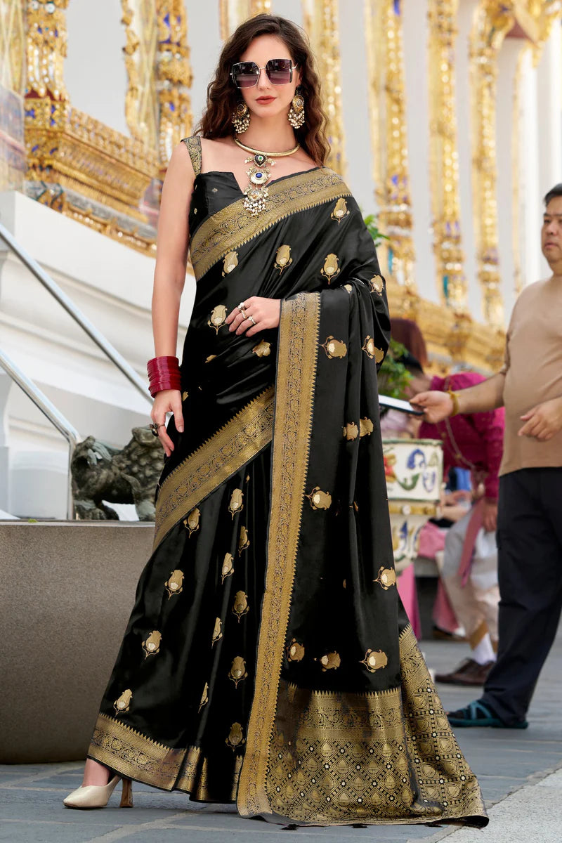 Black color satin silk saree for women with price

