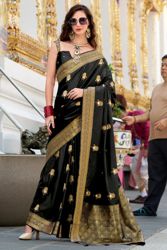 Black color satin silk saree for women with price
