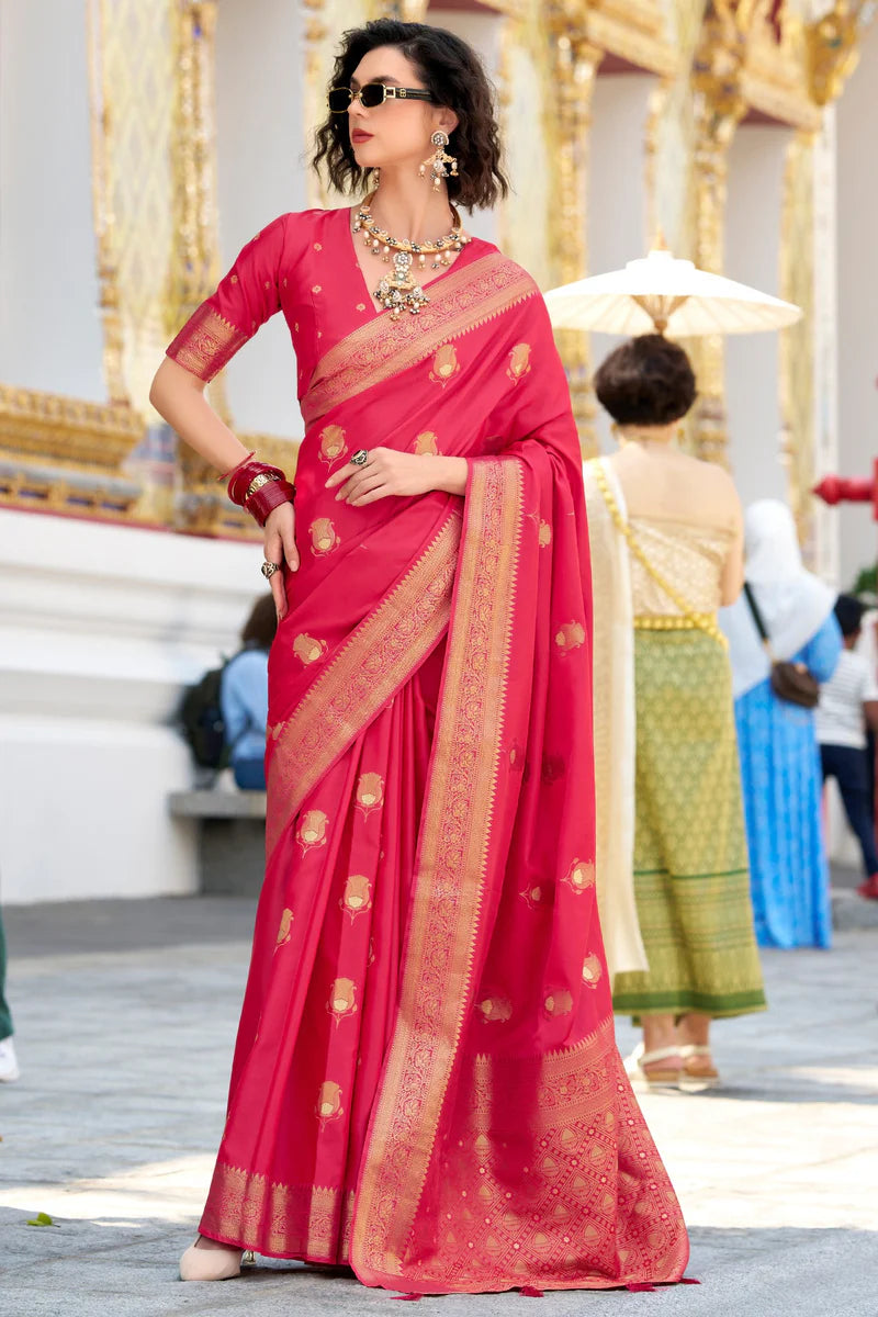 Pink color satin silk saree for women online shopping
