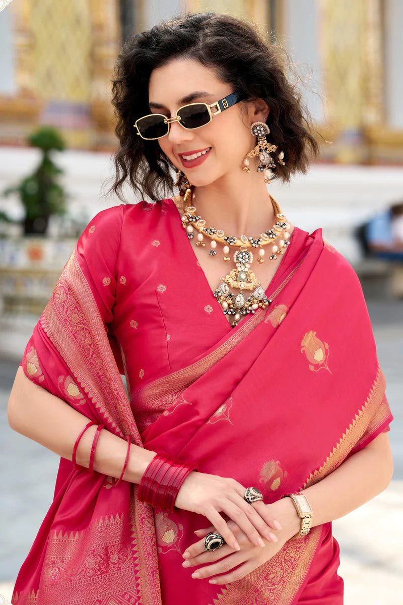 Pure pink color satin silk saree for women
