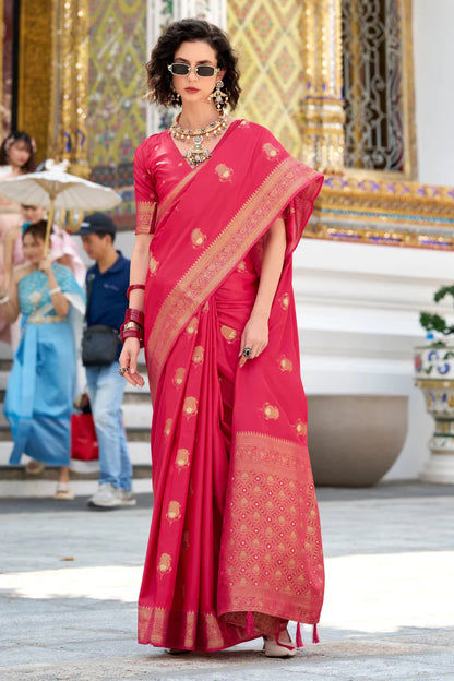 Pink color satin silk saree for women online
