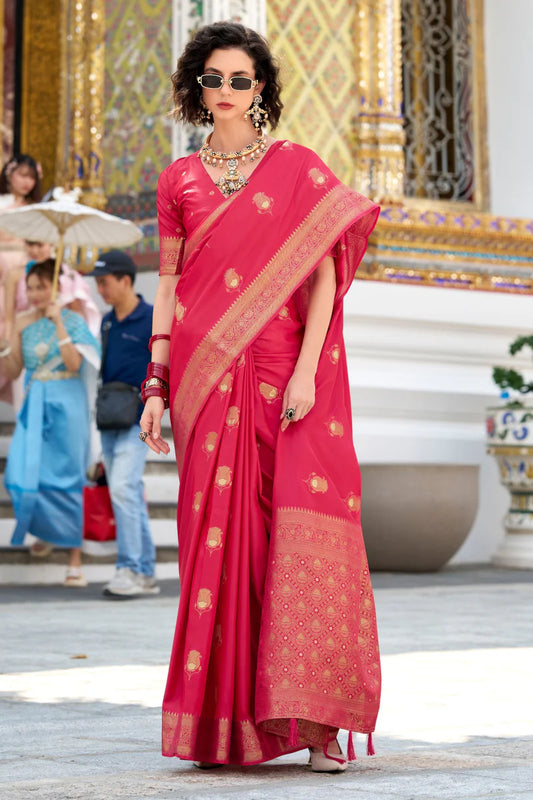 Pink color satin silk saree for women online
