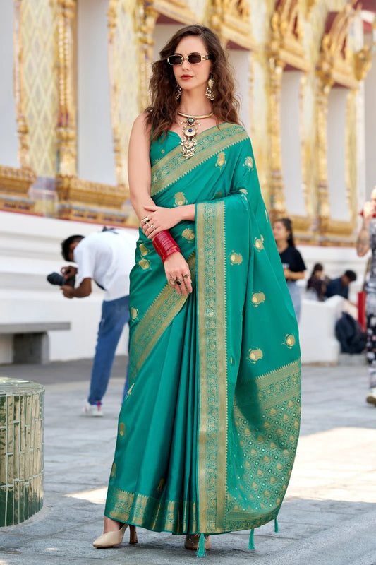 Rama color satin silk saree for women online shopping
