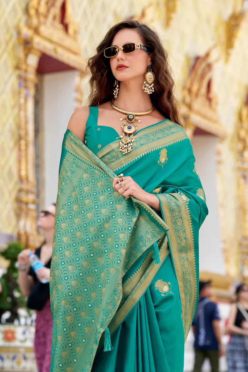 Rama color satin silk saree for women online
