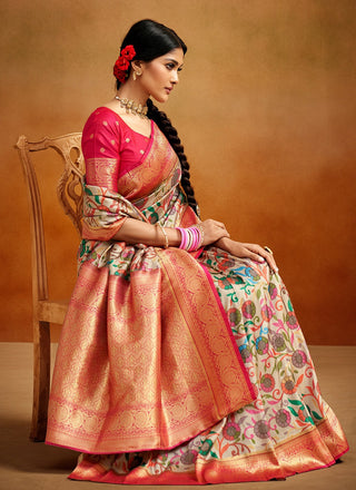 Beige Saree With Contrast Blouse
