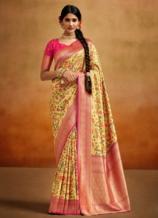 Yellow silk saree for women party wear
