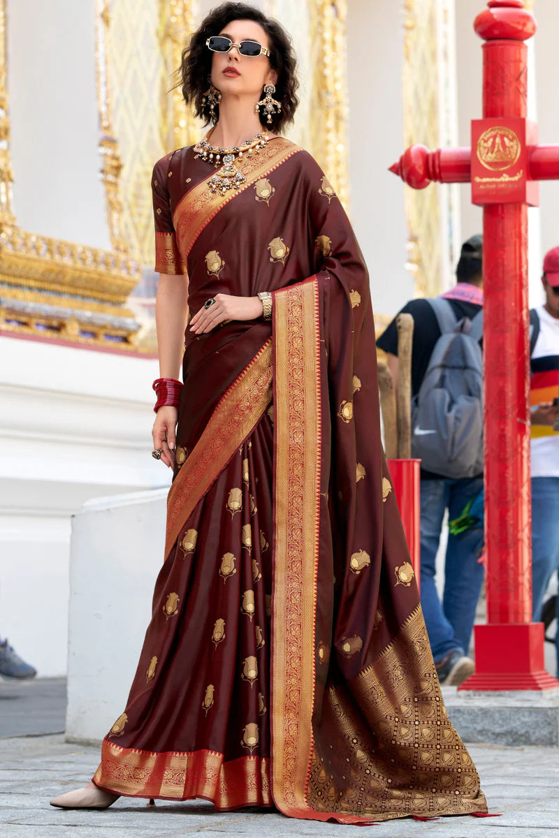Maroon color satin silk saree for women online
