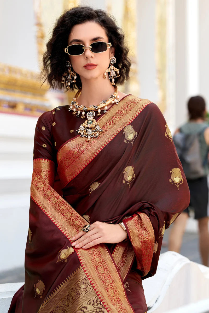 Maroon color satin silk saree for wedding
