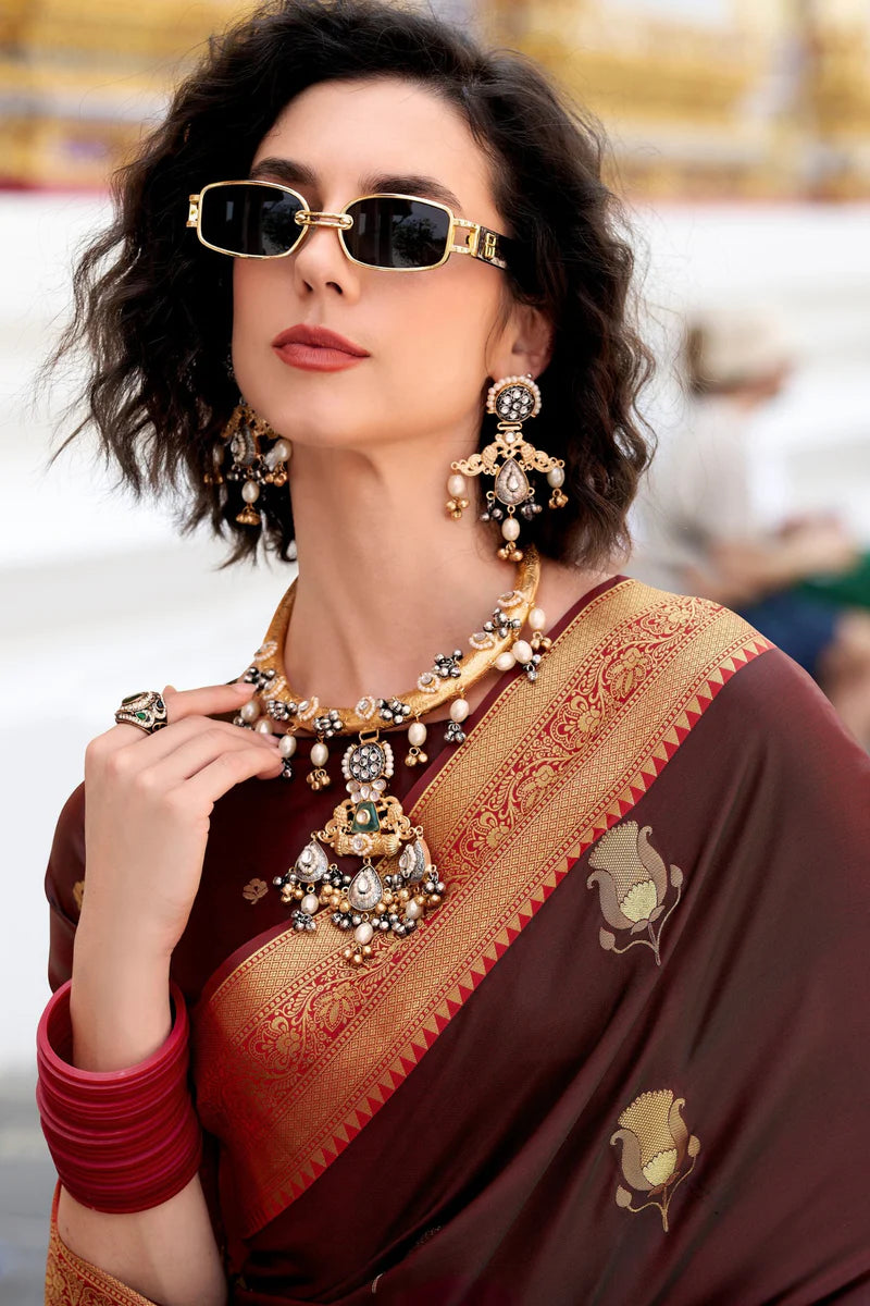 Maroon color satin silk saree with blouse price