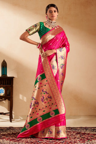 Pink color paithani silk saree for women with price
