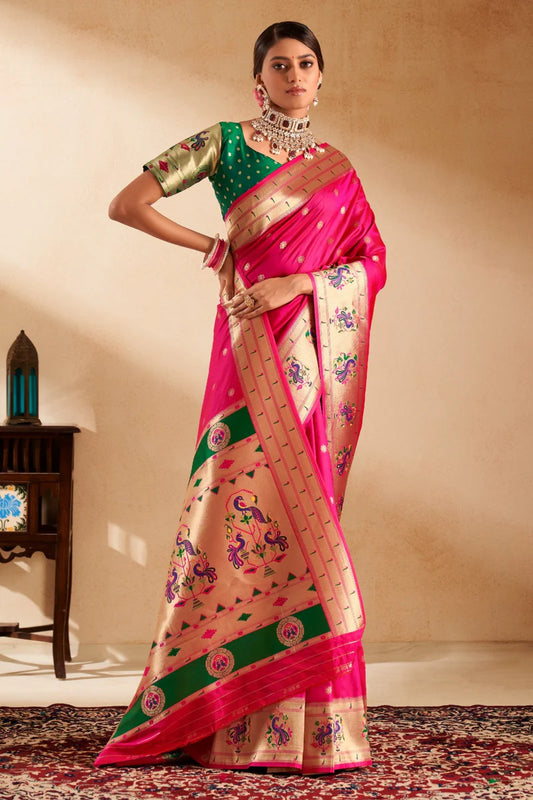 Pink color paithani silk saree for women with price
