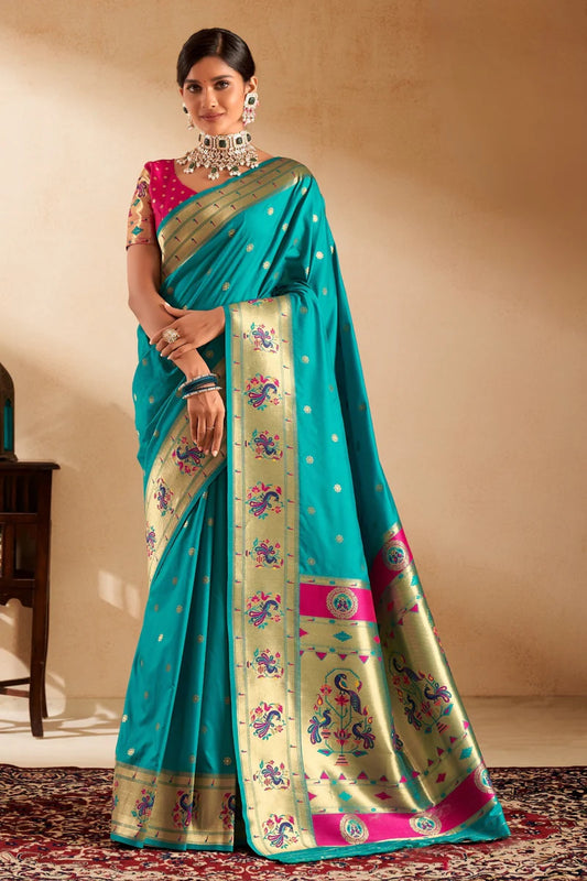 Rama color paithani silk saree for women price
