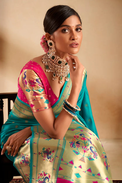 Rama color paithani silk saree for women online shopping

