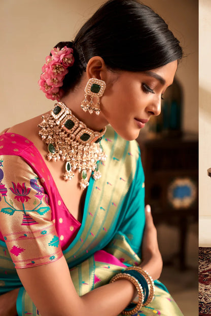 Rama color paithani silk saree for women price
