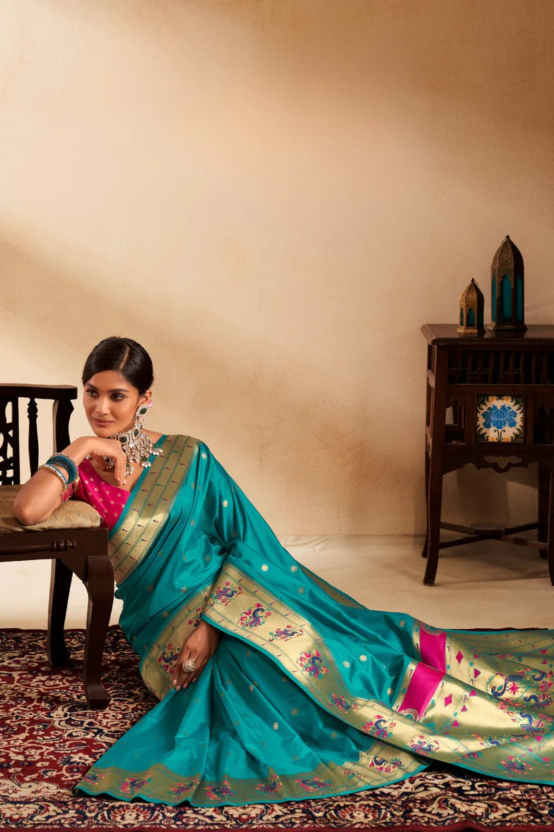 Rama color paithani silk saree for women online
