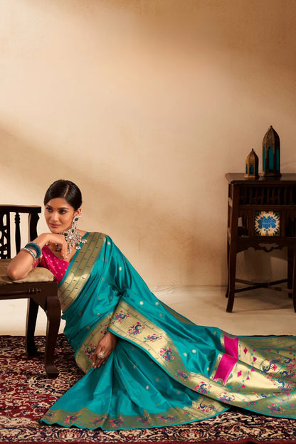 Rama color paithani silk saree for women online
