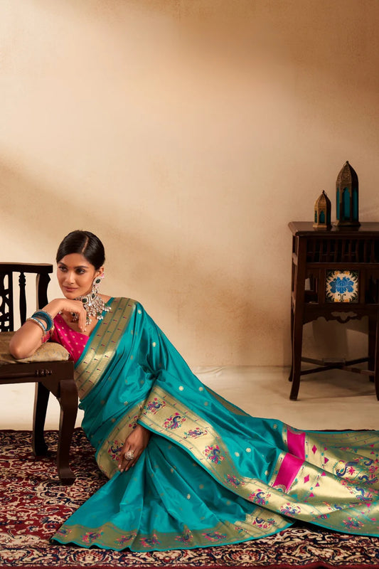 Rama color paithani silk saree for women online
